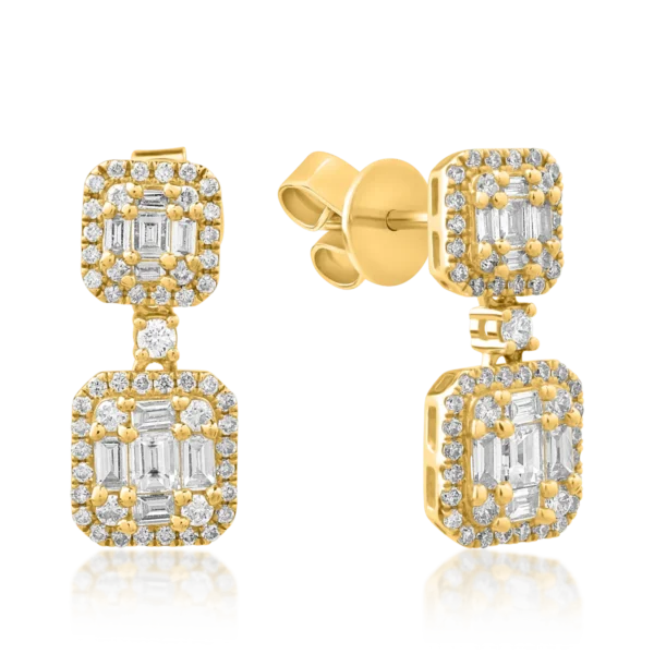 Cercei din aur galben cu diamante baguette si rotunde de 0.89ct