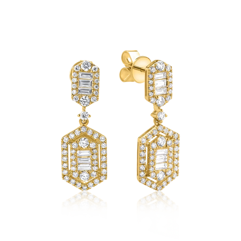 Cercei din aur galben cu diamante baguette si rotunde de 1.2ct - imagine 2