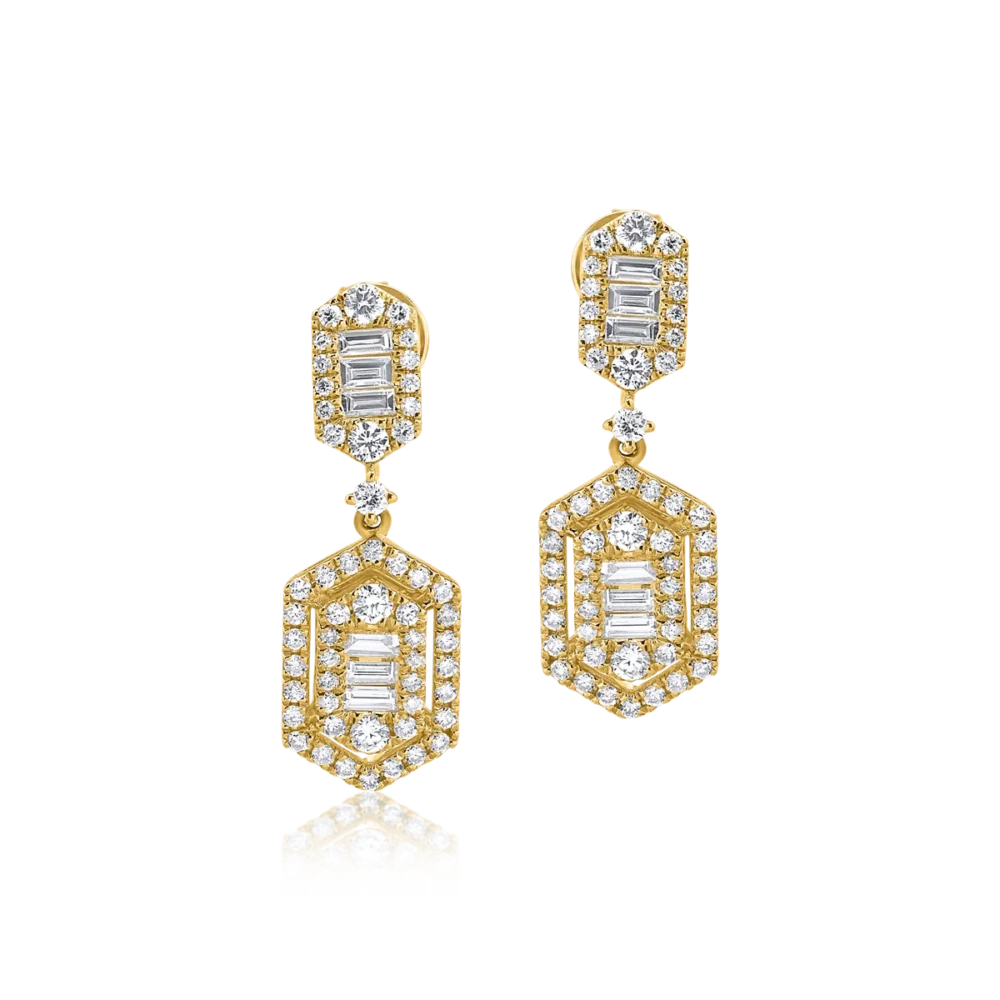 Cercei din aur galben cu diamante baguette si rotunde de 1.2ct