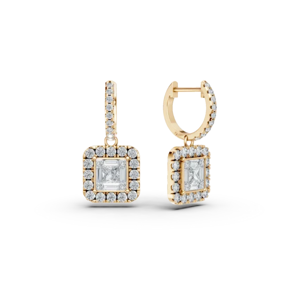 Cercei din aur galben cu diamante princess,baguette si rotunde de 1.36ct