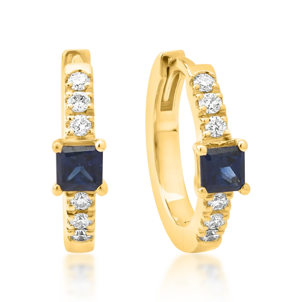 Cercei din aur galben cu safire princess de 0.15ct si diamante de 0.06ct