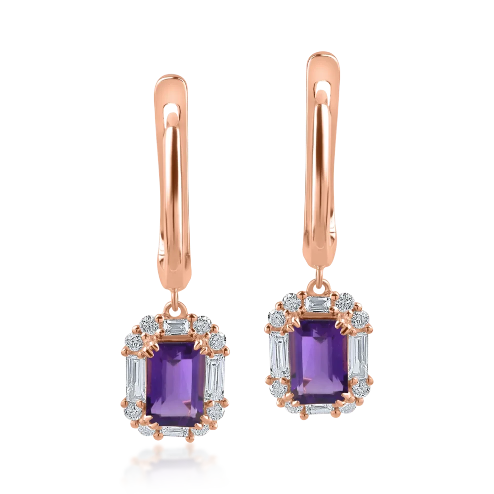 Cercei din aur roz cu ametiste de 1.09ct si diamante baguette si rotunde de 0.38ct - imagine 2