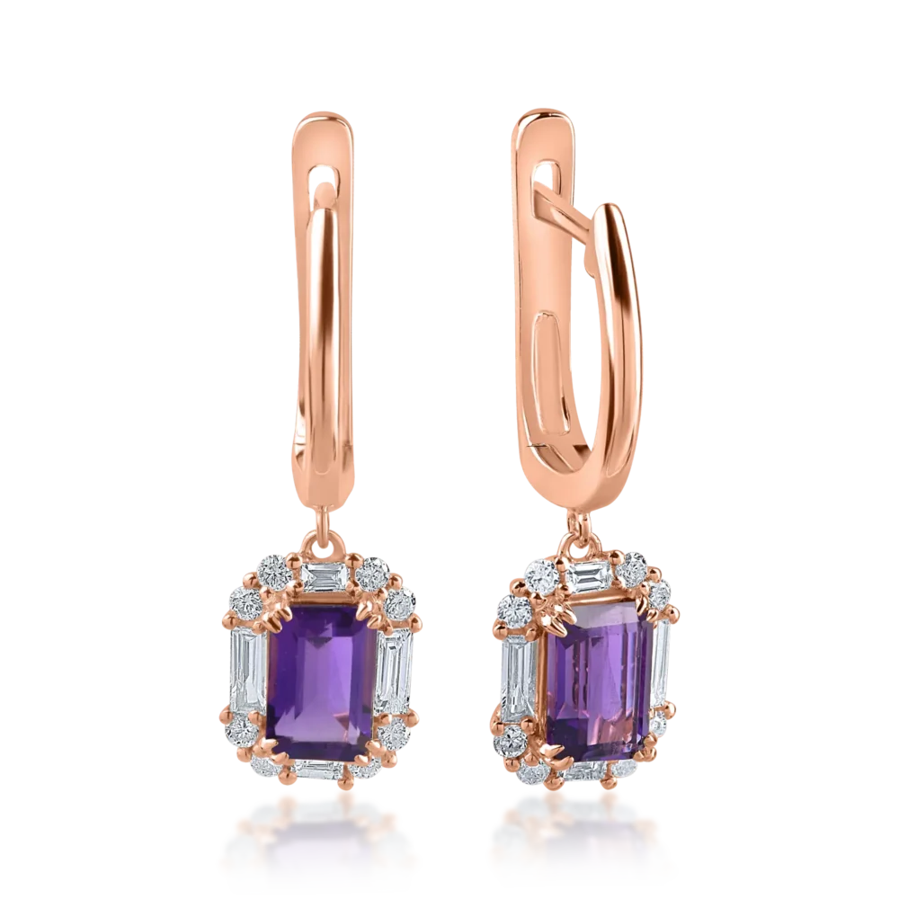 Cercei din aur roz cu ametiste de 1.09ct si diamante baguette si rotunde de 0.38ct