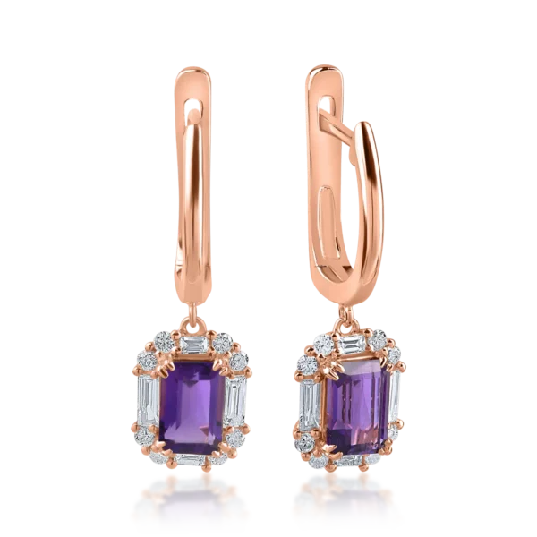 Cercei din aur roz cu ametiste de 1.09ct si diamante baguette si rotunde de 0.38ct