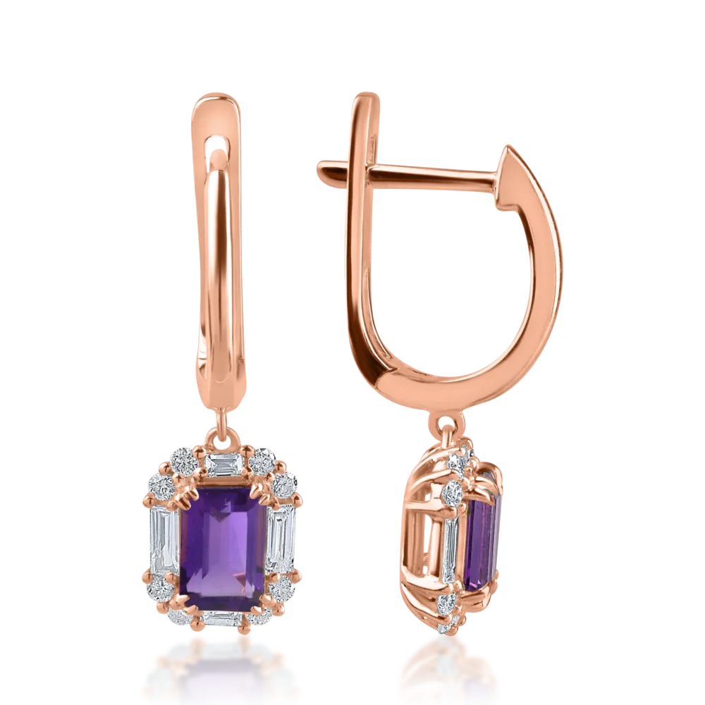 Cercei din aur roz cu ametiste de 1.09ct si diamante baguette si rotunde de 0.38ct - imagine 3