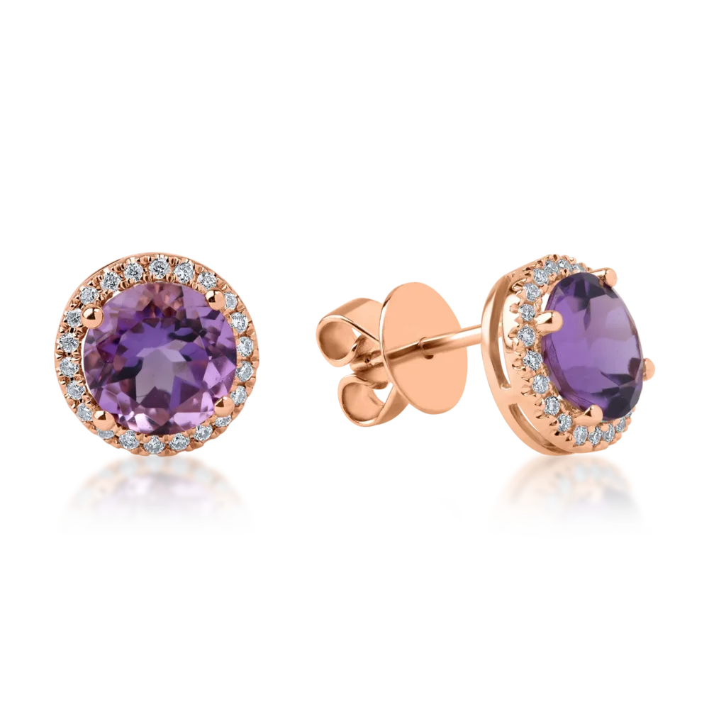 Cercei din aur roz cu ametiste de 2.5ct si diamante de 0.2ct
