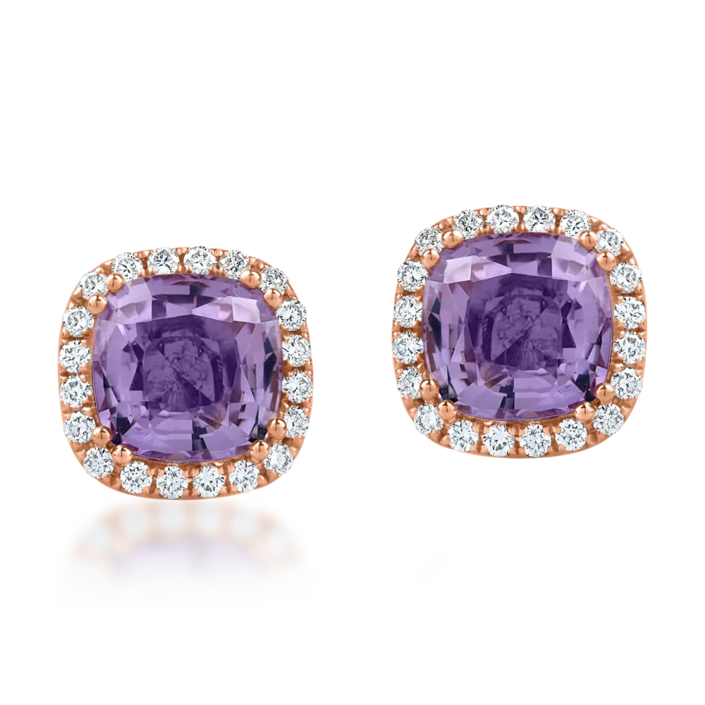 Cercei din aur roz cu ametiste rectangulare de 4.8ct si diamante de 0.4ct