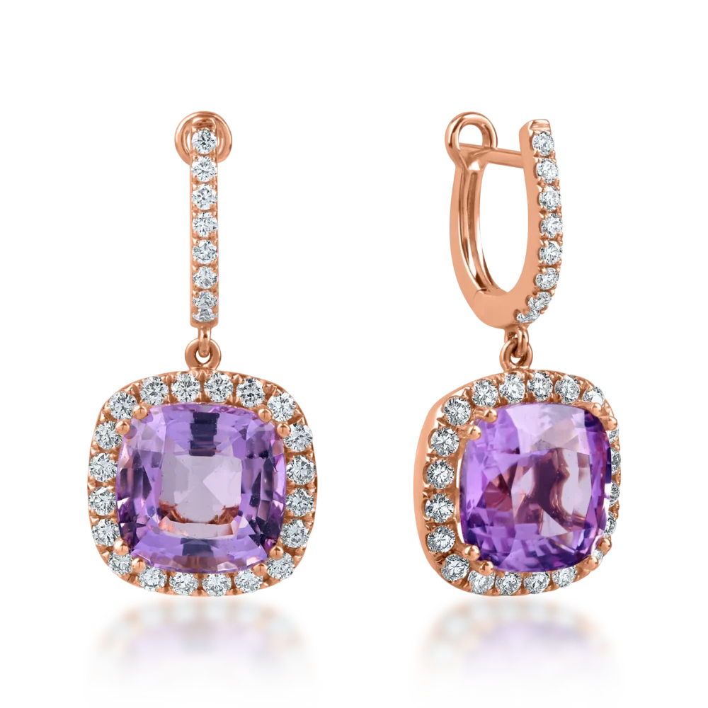 Cercei din aur roz cu ametiste rectangulare de 6.8ct si diamante de 0.7ct