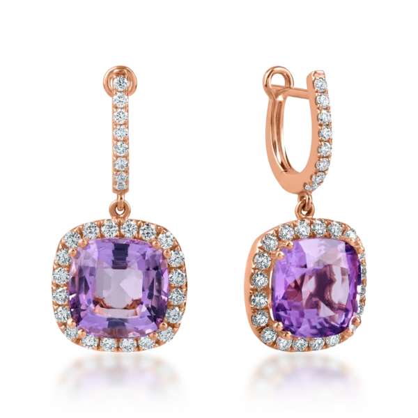 Cercei din aur roz cu ametiste rectangulare de 6.8ct si diamante de 0.7ct