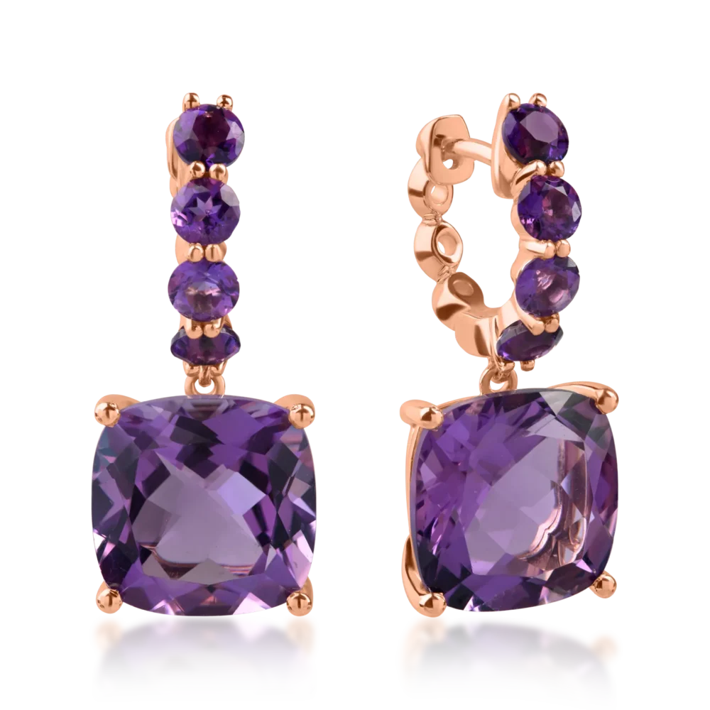 Cercei din aur roz cu ametiste cushion si rotunde de 8.3ct