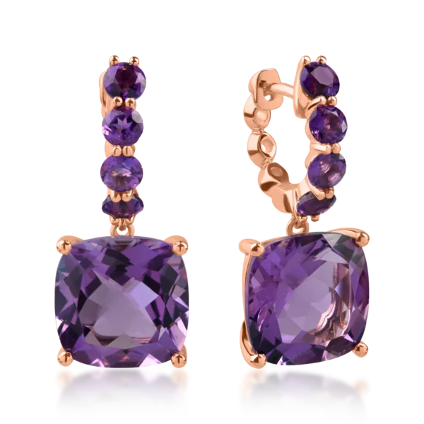 Cercei din aur roz cu ametiste cushion si rotunde de 8.3ct
