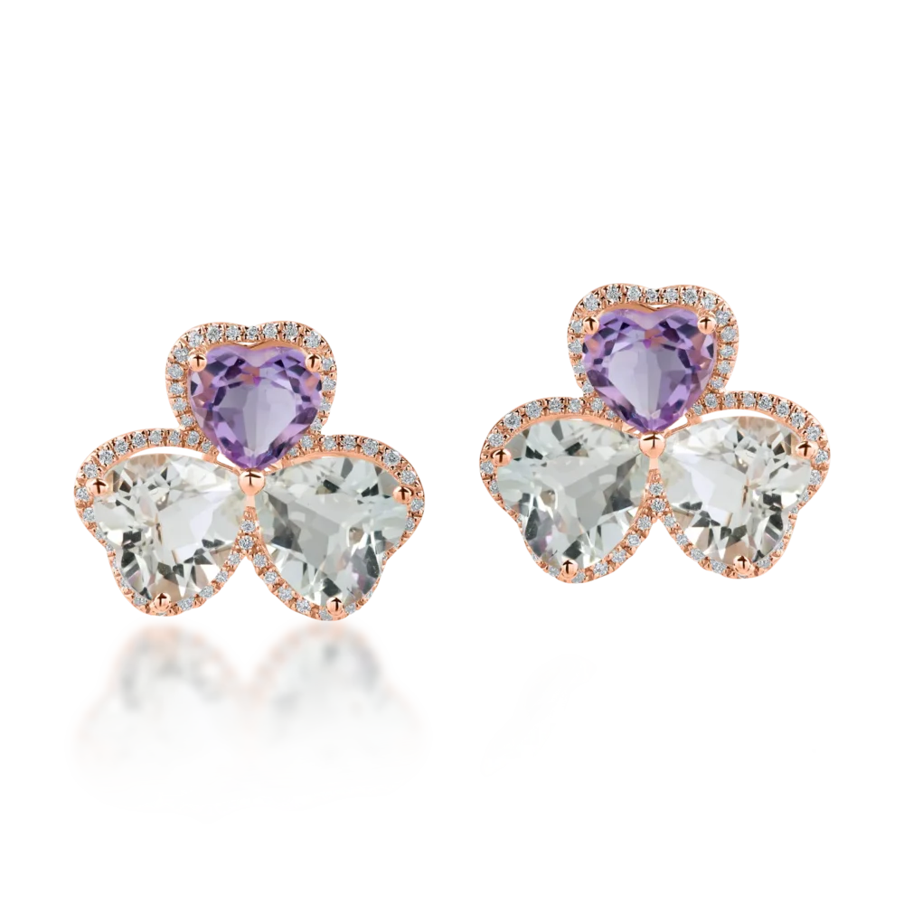 Cercei din aur roz cu ametiste heart de 8.5ct si diamante de 0.3ct - imagine 2