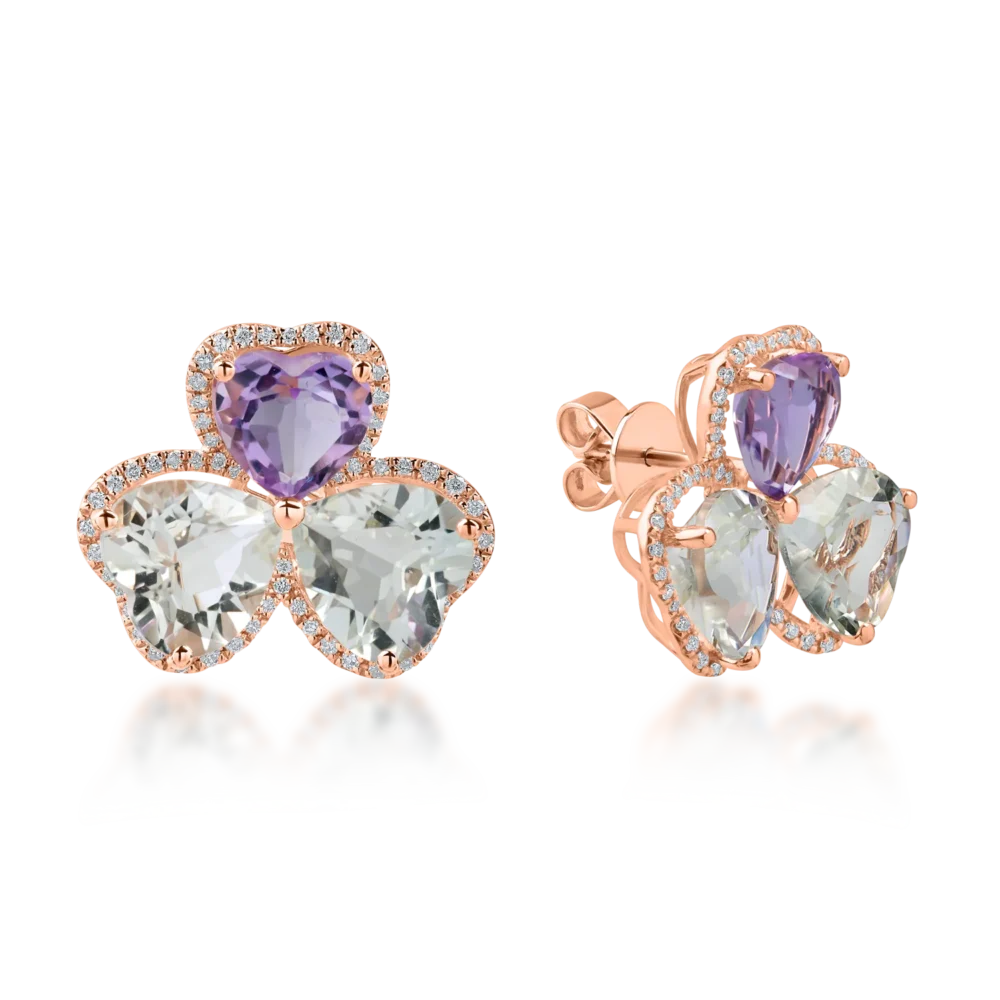 Cercei din aur roz cu ametiste heart de 8.5ct si diamante de 0.3ct