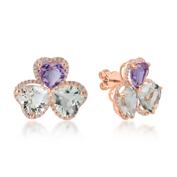 Cercei din aur roz cu ametiste heart de 8.5ct si diamante de 0.3ct