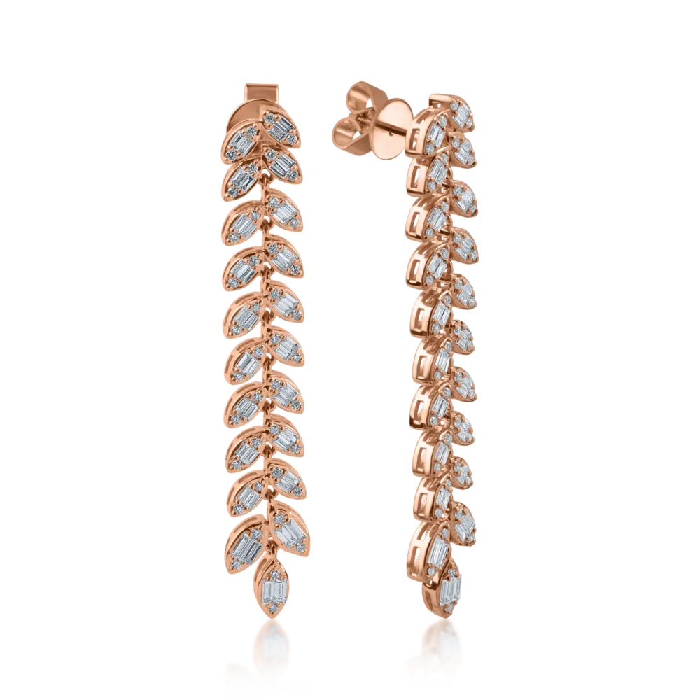 Cercei din aur roz cu diamante baguette si rotunde de 0.909ct