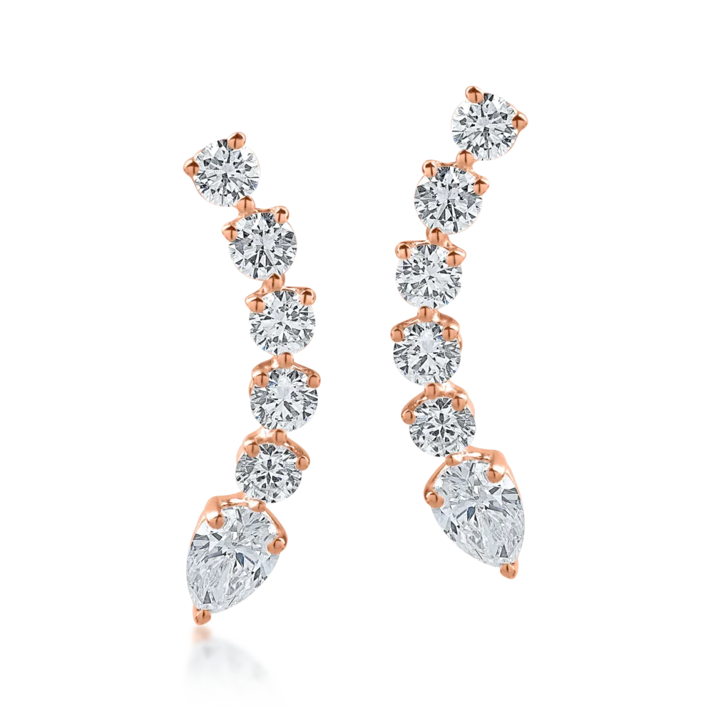 Cercei din aur roz cu diamante pear si rotunde de 0.9ct - imagine 2