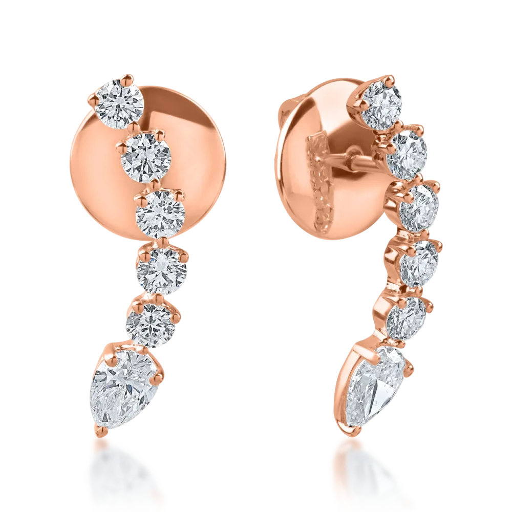 Cercei din aur roz cu diamante pear si rotunde de 0.9ct