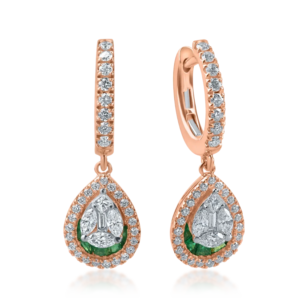 Cercei din aur roz cu diamante de 1.05ct si smaralde de 0.5ct