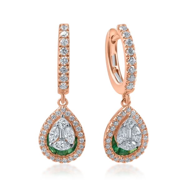 Cercei din aur roz cu diamante de 1.05ct si smaralde de 0.5ct