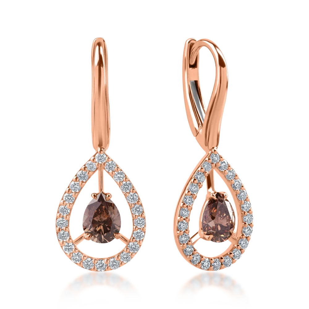 Cercei din aur roz cu diamante maro pear de 0.98ct si diamante incolore de 0.47ct