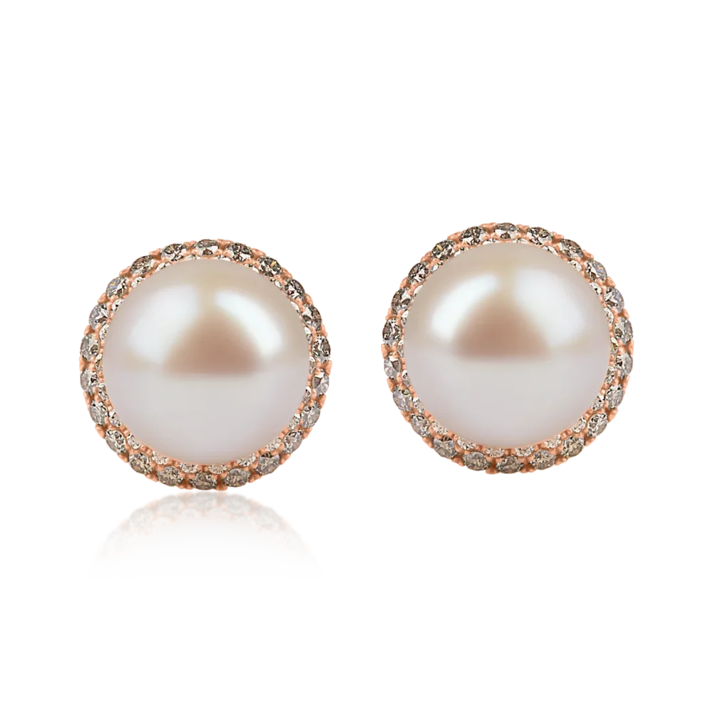 Cercei din aur roz cu diamante maro de 1.8ct si perle de cultura - imagine 2