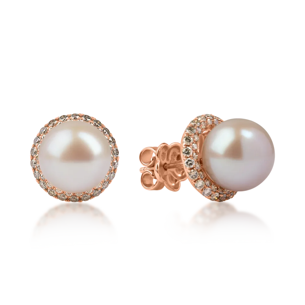 Cercei din aur roz cu diamante maro de 1.8ct si perle de cultura