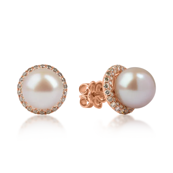 Cercei din aur roz cu diamante maro de 1.8ct si perle de cultura