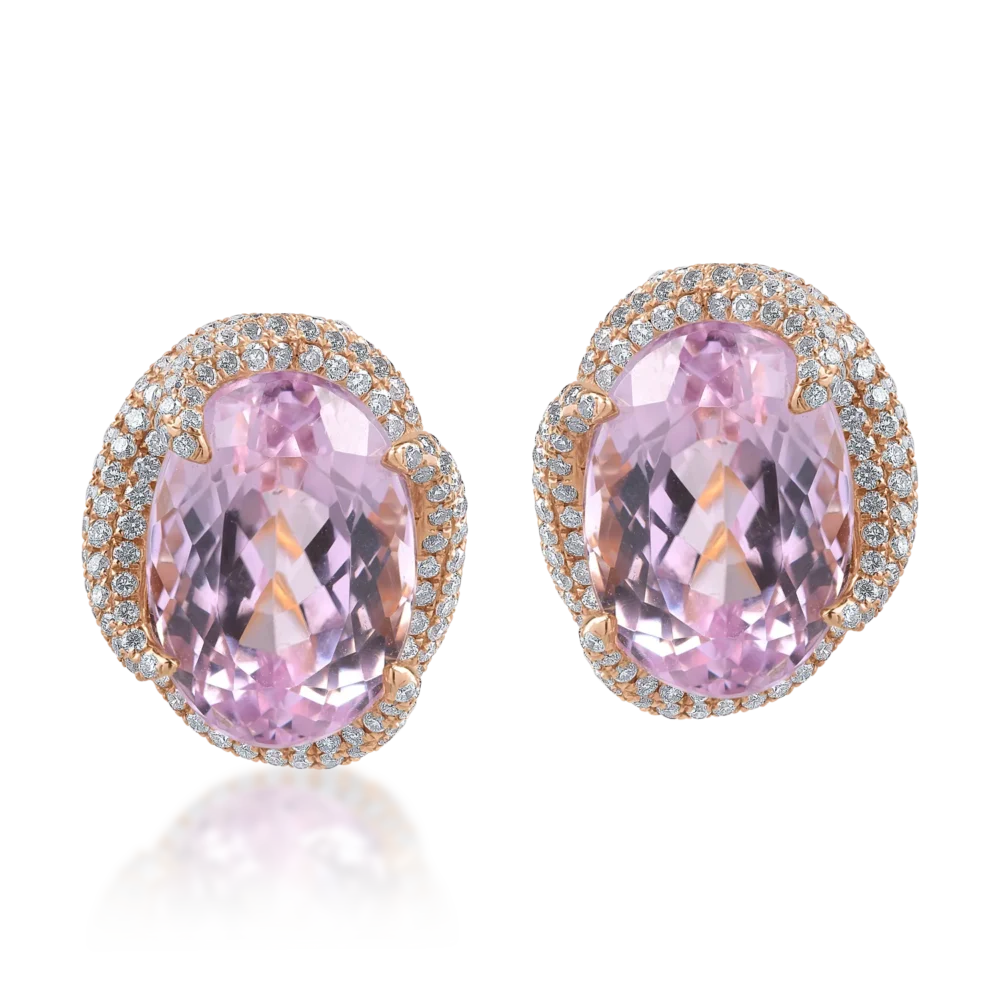 Cercei din aur roz cu kunzite ovale de 16.24ct si diamante round de 1.75ct - imagine 2