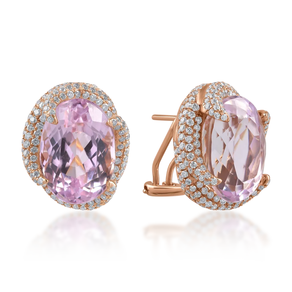 Cercei din aur roz cu kunzite ovale de 16.24ct si diamante round de 1.75ct