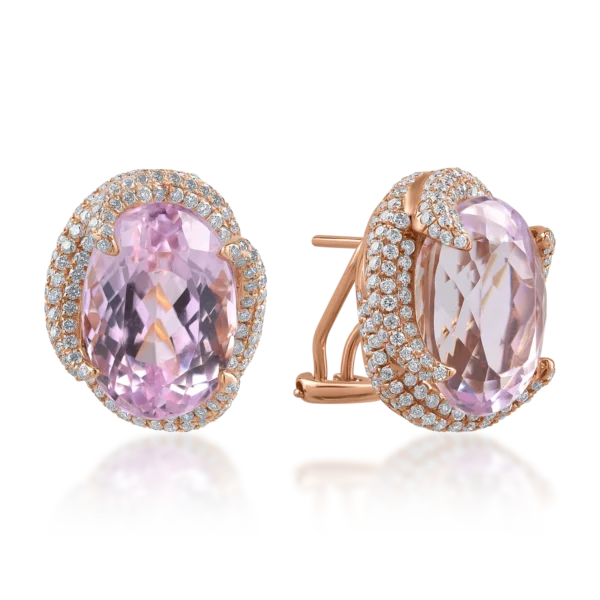 Cercei din aur roz cu kunzite ovale de 16.24ct si diamante round de 1.75ct