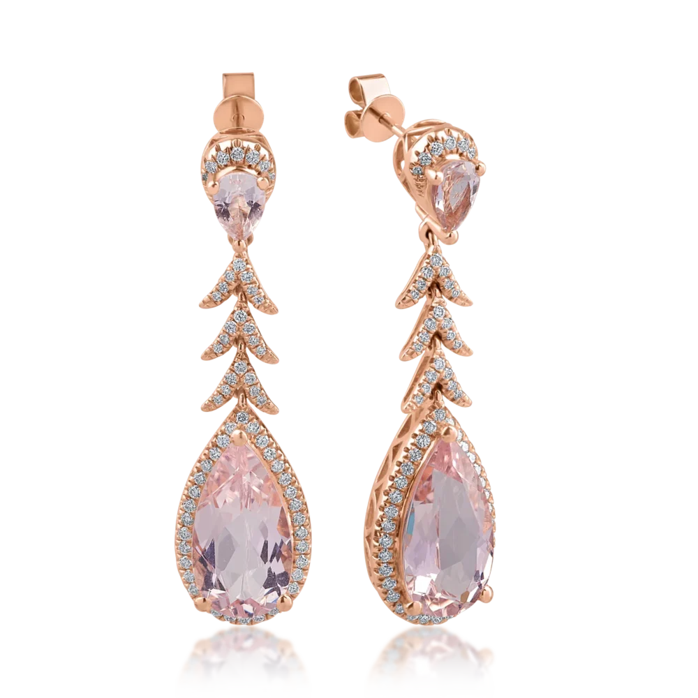 Cercei din aur roz cu morganite pear de 7.75ct si diamante de 0.66ct