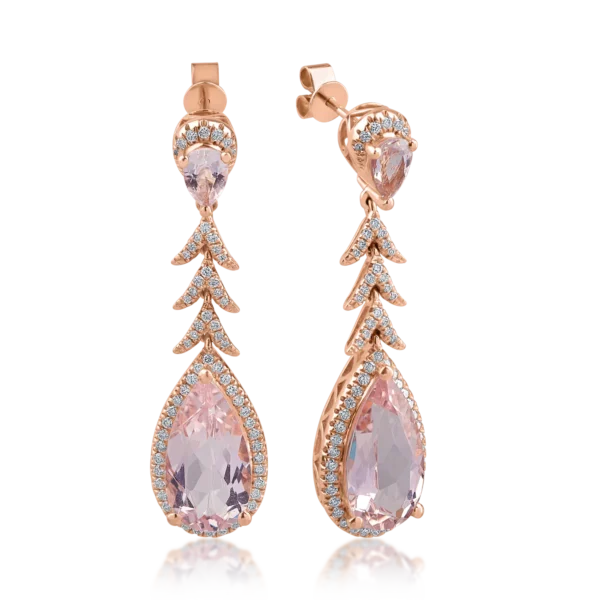 Cercei din aur roz cu morganite pear de 7.75ct si diamante de 0.66ct