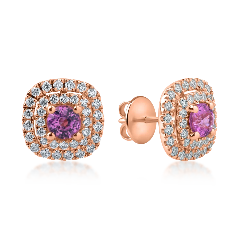 Cercei din aur roz cu safir roz de 1.1ct si diamante de 0.67ct