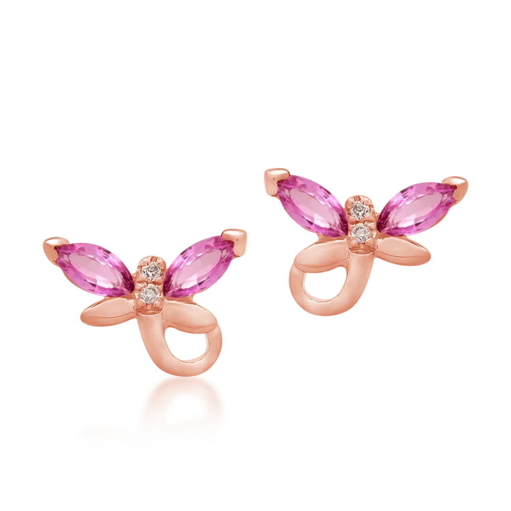 Cercei din aur roz cu safire roz marquise de 0.3ct si diamante round de 0.01ct pentru copii - imagine 2