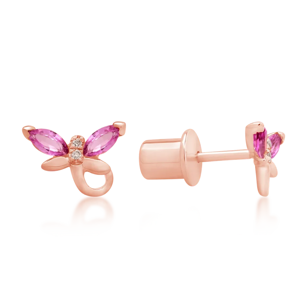 Cercei din aur roz cu safire roz marquise de 0.3ct si diamante round de 0.01ct pentru copii - imagine 3