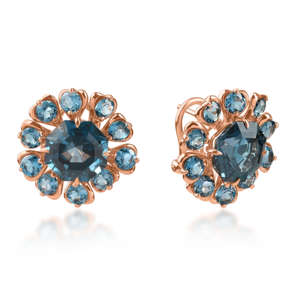 Cercei din aur roz cu topaze london blue octogonale si rotunde de 14.9ct