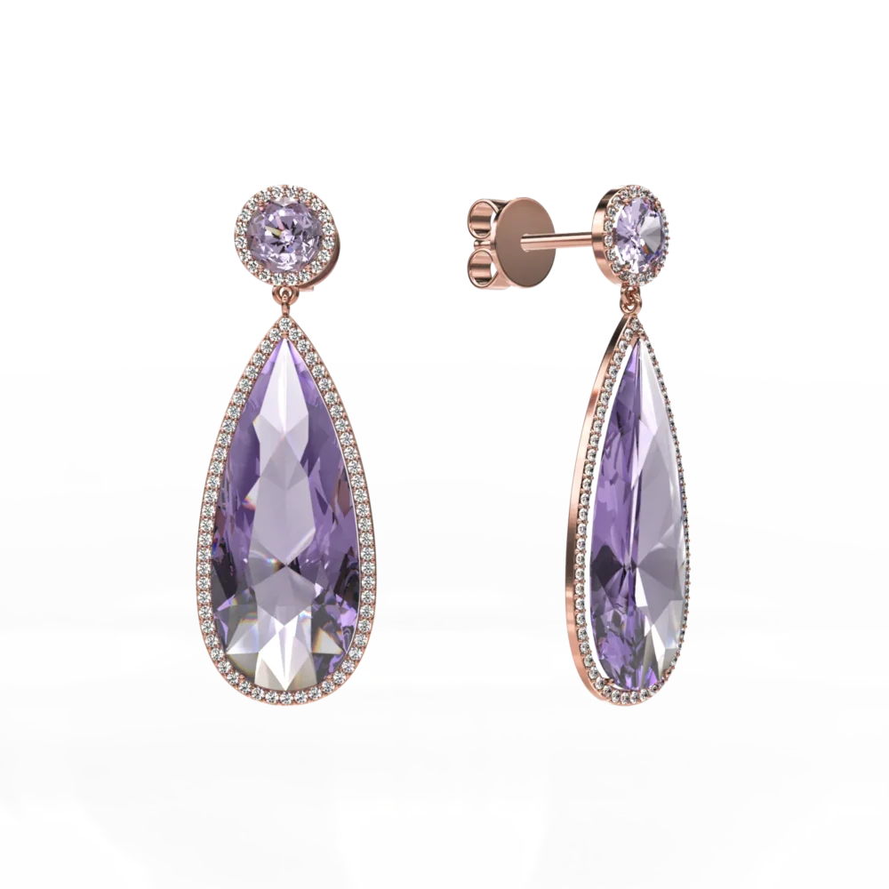Cercei din aur roz cu ametiste pear de 13.85ct si diamante de 0.571ct