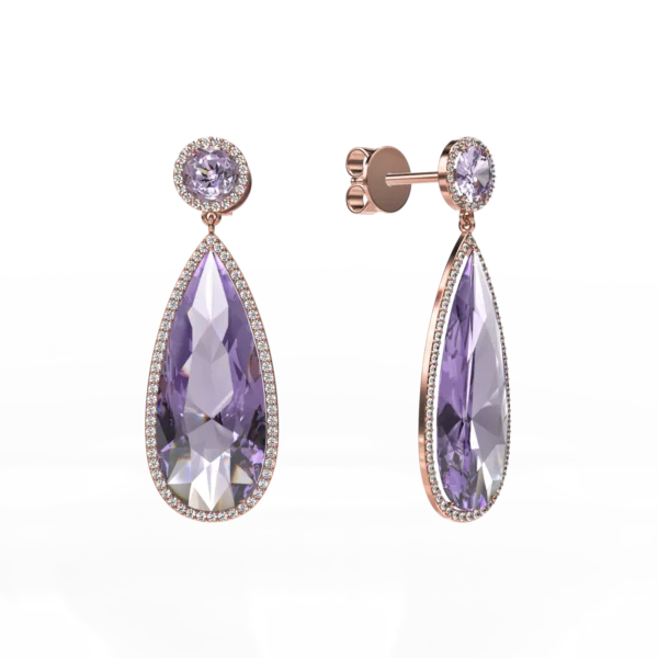 Cercei din aur roz cu ametiste pear de 13.85ct si diamante de 0.571ct