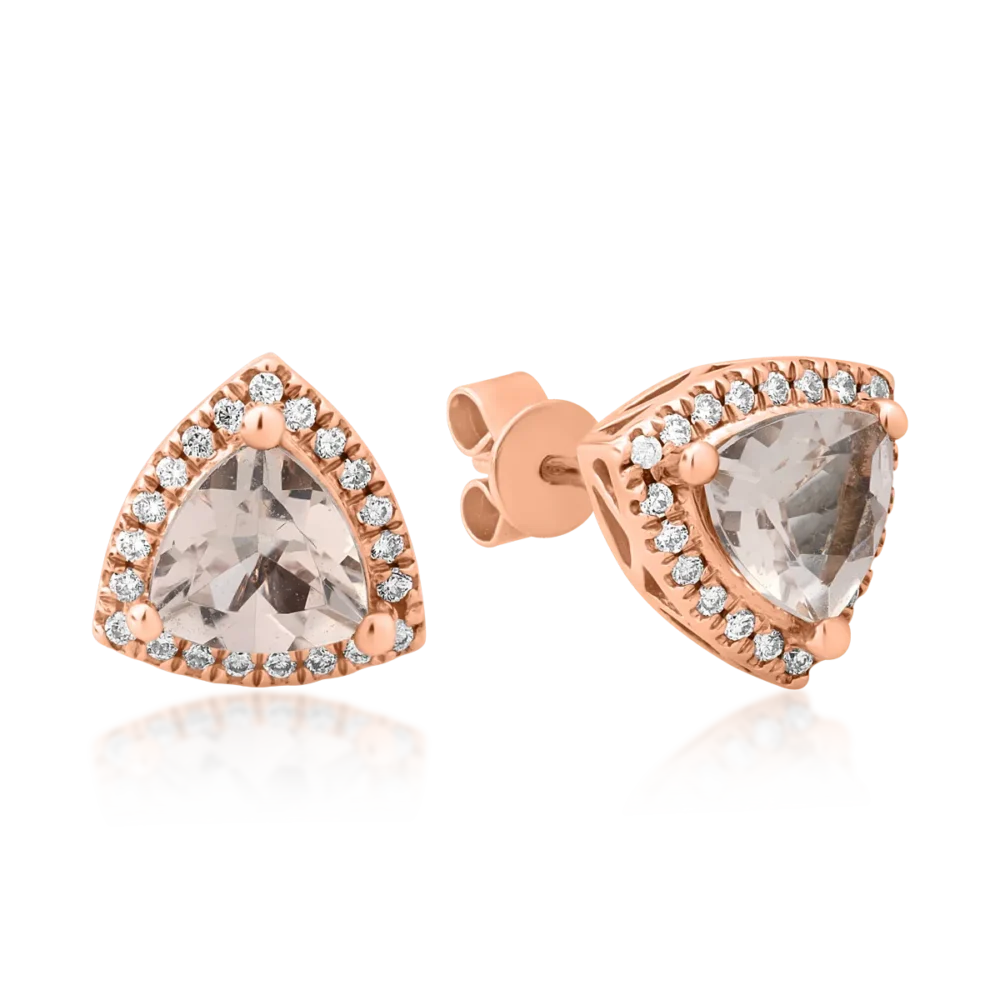Cercei din aur roz cu morganite triangle de 1.31ct si diamante de 0.16ct