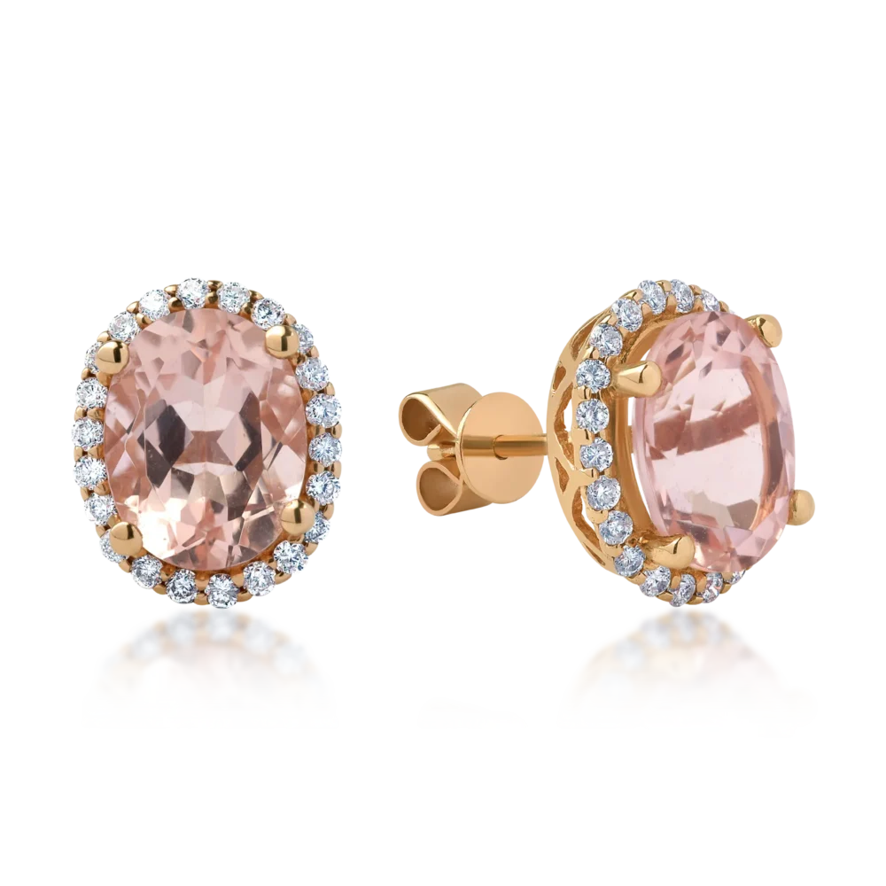 Cercei din aur roz cu morganite ovale de 3.5ct si diamante de 0.34ct