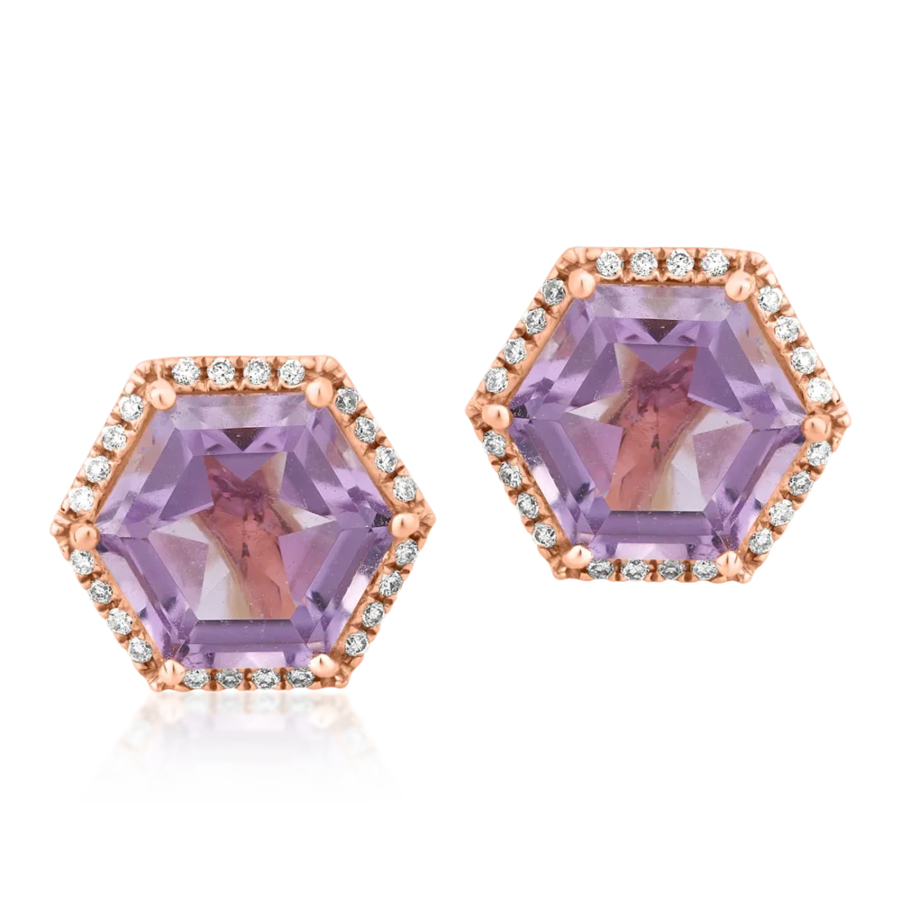 Cercei din aur roz cu ametist hexagonal de 4.27ct si diamant de 0.13ct - imagine 2