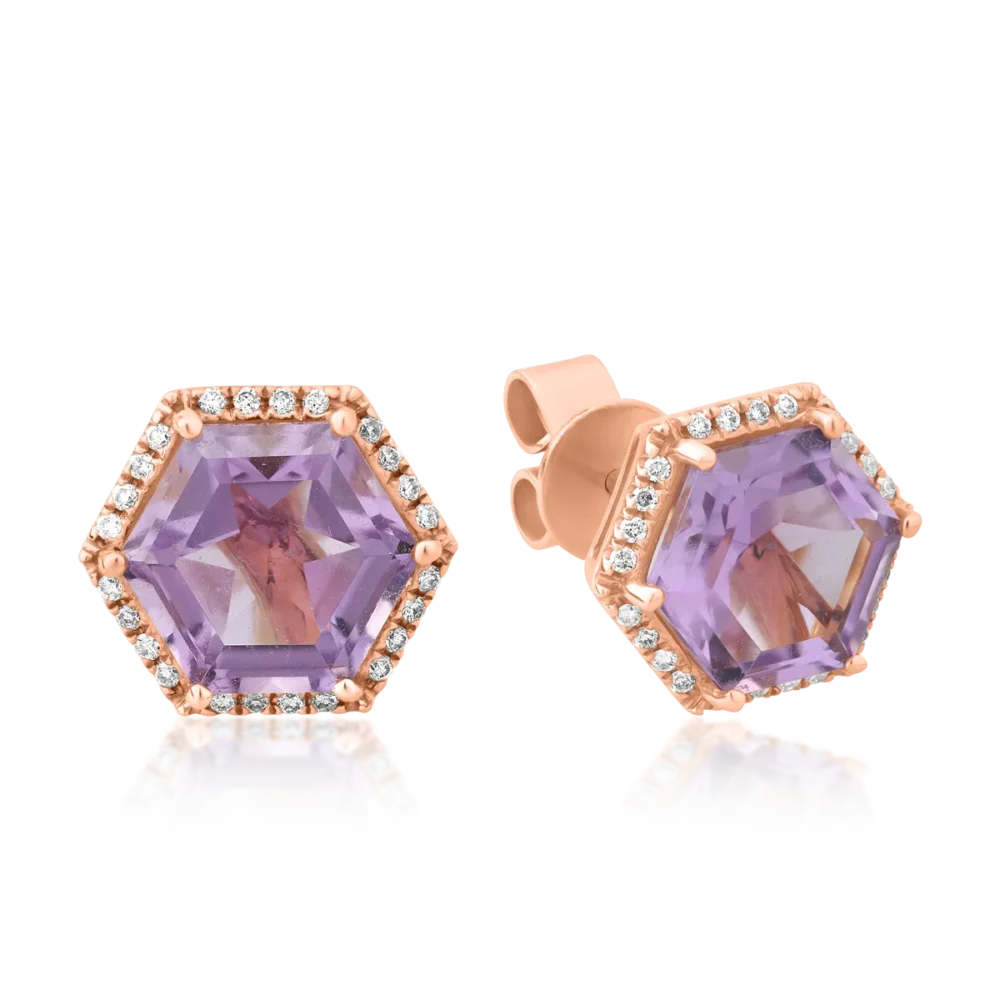 Cercei din aur roz cu ametist hexagonal de 4.27ct si diamant de 0.13ct