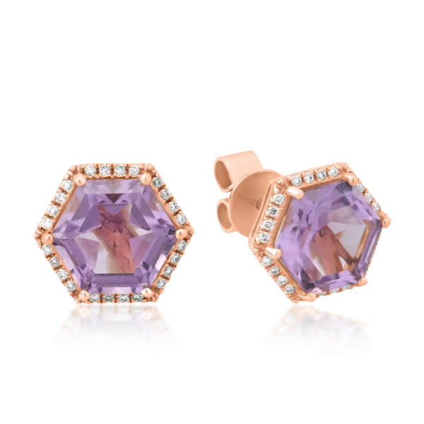 Cercei din aur roz cu ametist hexagonal de 4.27ct si diamant de 0.13ct