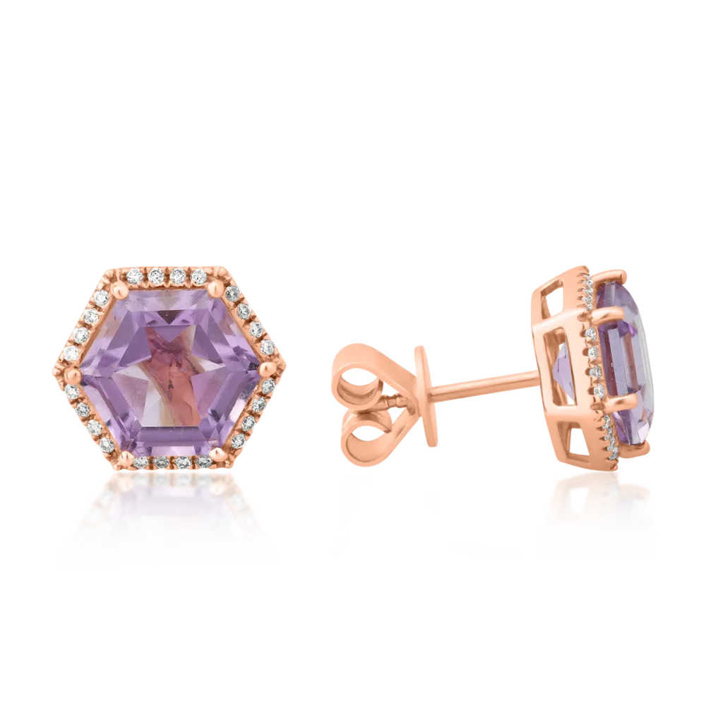 Cercei din aur roz cu ametist hexagonal de 4.27ct si diamant de 0.13ct - imagine 3