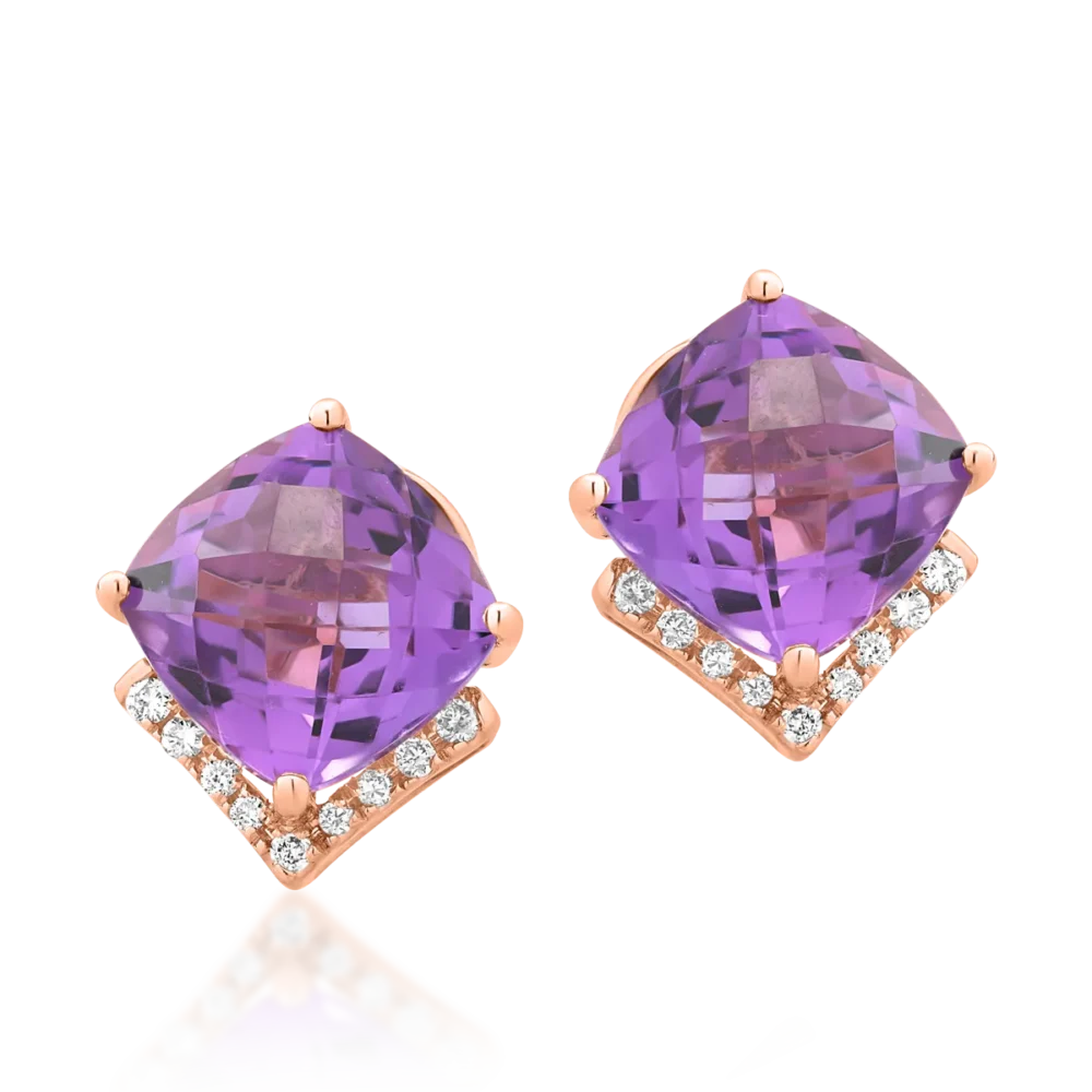 Cercei din aur roz cu ametiste cushion de 4.5ct si diamante de 0.1ct - imagine 2