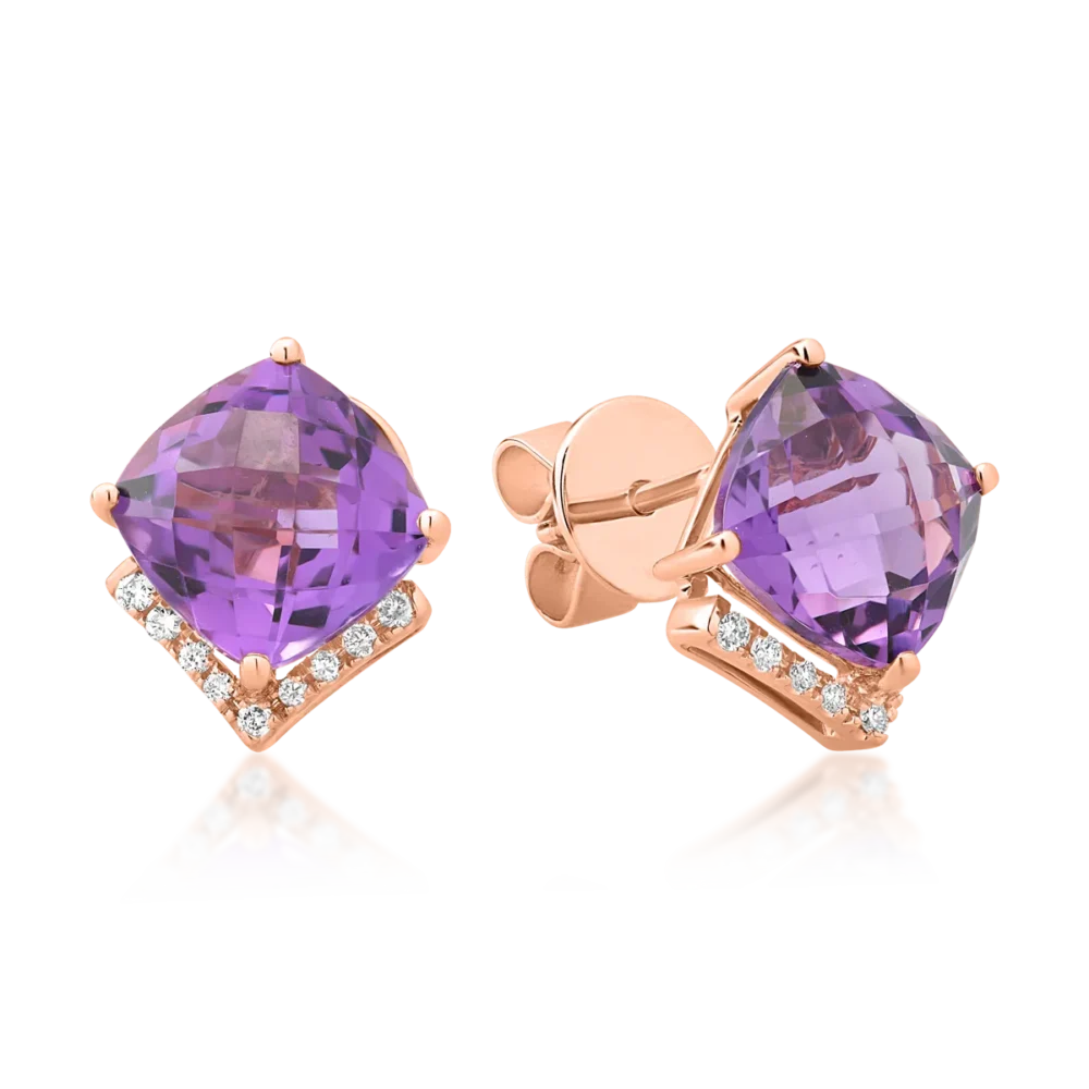 Cercei din aur roz cu ametiste cushion de 4.5ct si diamante de 0.1ct