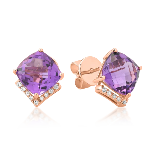 Cercei din aur roz cu ametiste cushion de 4.5ct si diamante de 0.1ct