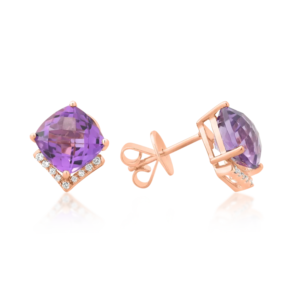 Cercei din aur roz cu ametiste cushion de 4.5ct si diamante de 0.1ct - imagine 3