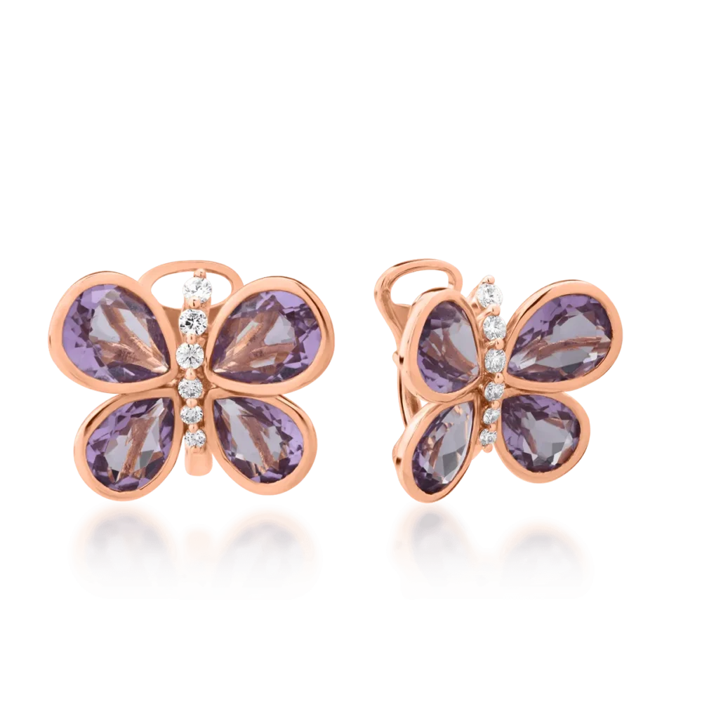 Cercei din aur roz cu ametiste pear de 7.93ct si diamante de 0.296ct