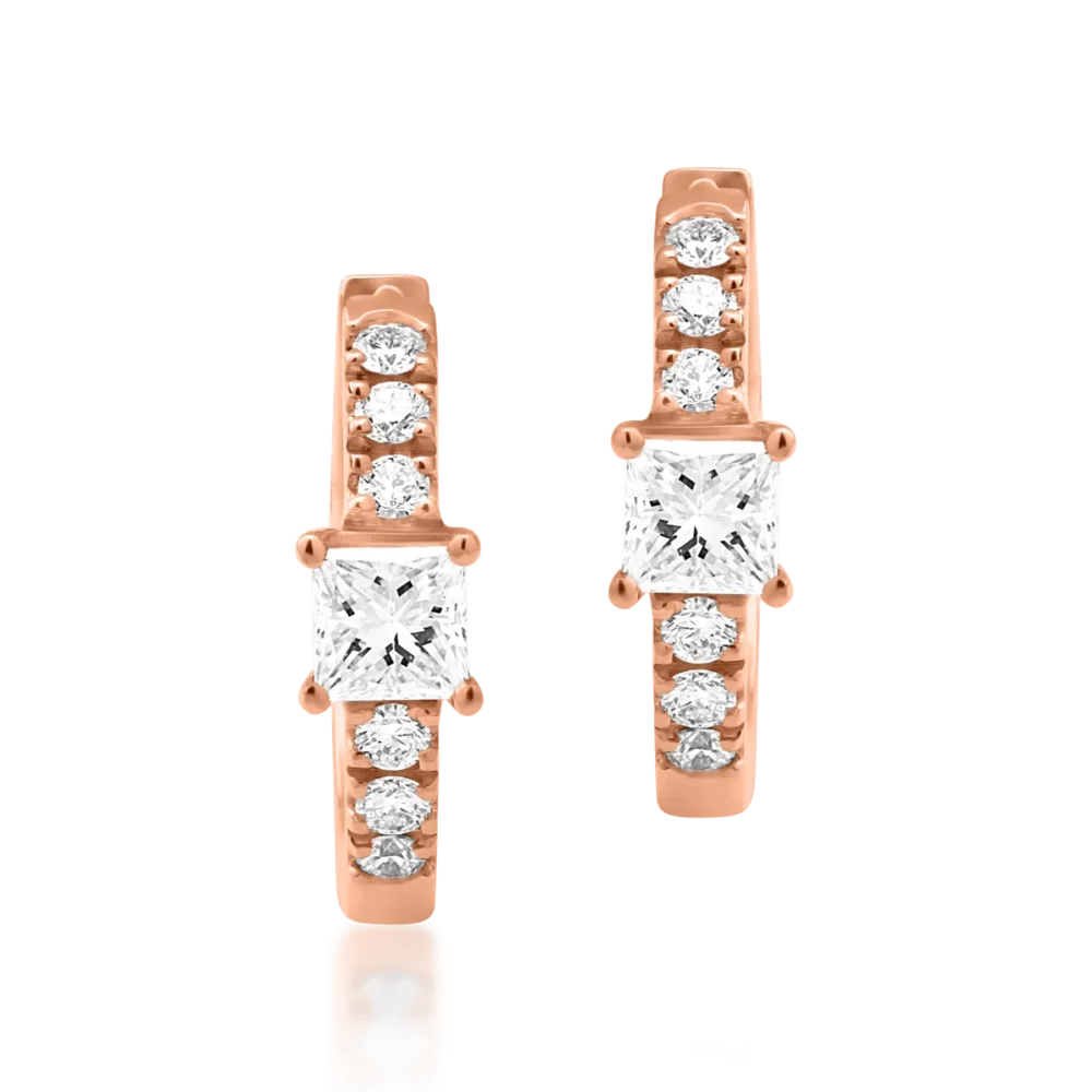 Cercei din aur roz cu diamante princess si rotunde de 0.19ct - imagine 2